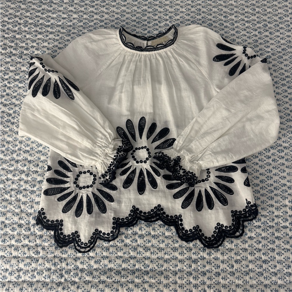 ULLA JOHNSON LOUISA EMBROIDERED COTTON AND LINEN BLOUSE, Size 2